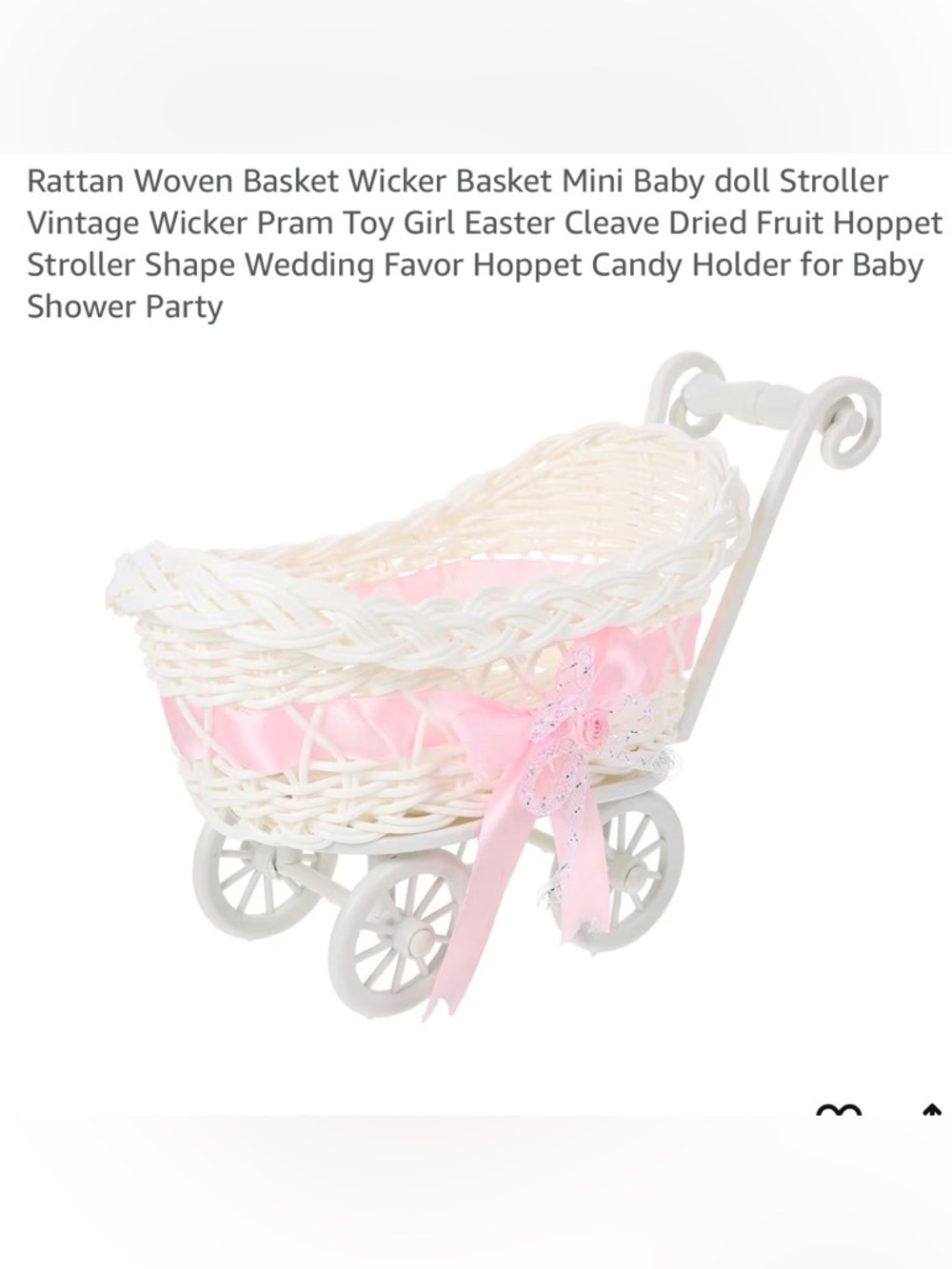 White Rattan Woven Baby Doll Stroller with Pink Liner